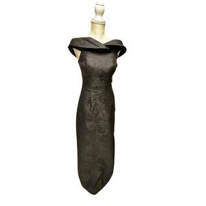 Rickie Freeman Teri Jon Black 3D Jacquard Off Shoulder‎ Column Gown 4